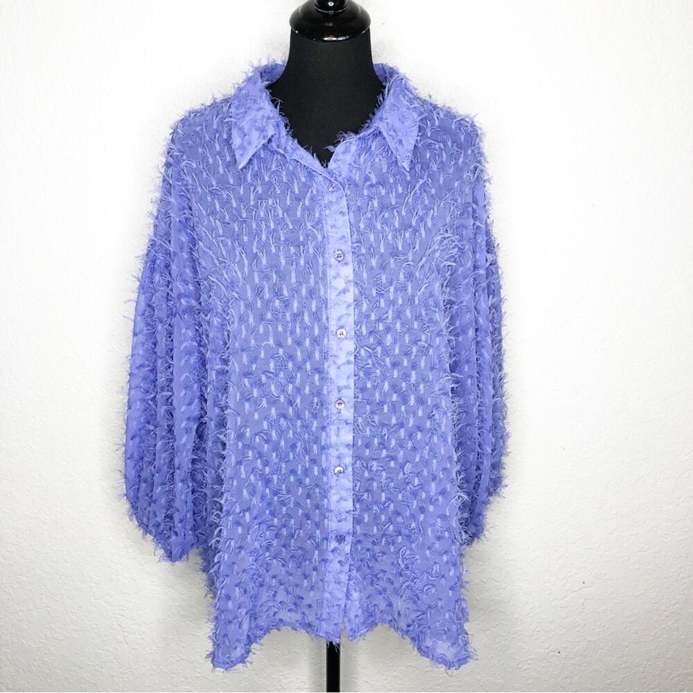 ASOS Design purple blue fringe feather sheer button down top size US 14